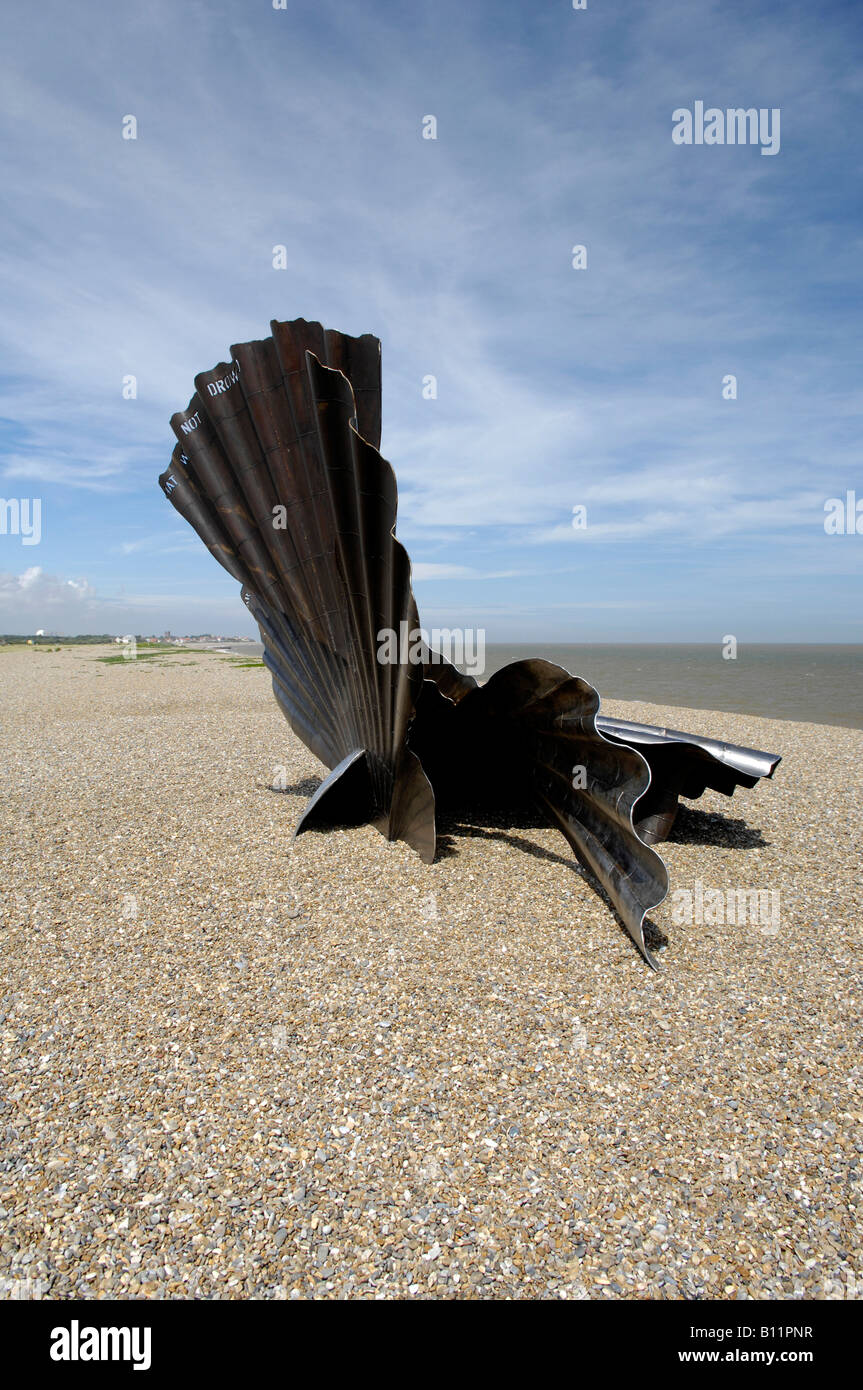 The Scallop sculpture by Maggie Hambling on the beach at Aldeburgh Suffolk England UK Stock Photo