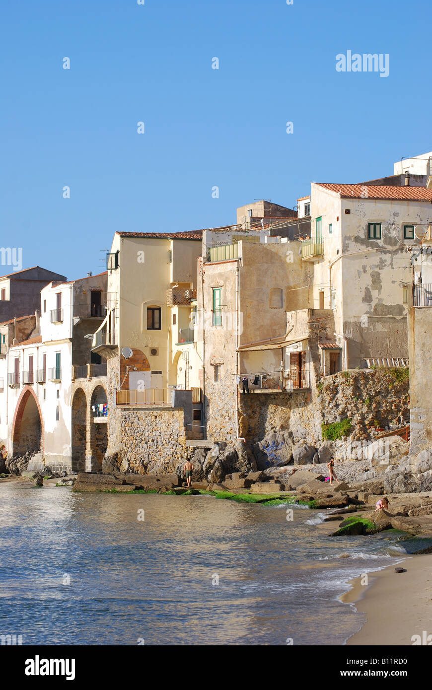 Beach and waterfront, Cefalu, Palermo Province, Sicily, Italy Stock Photo