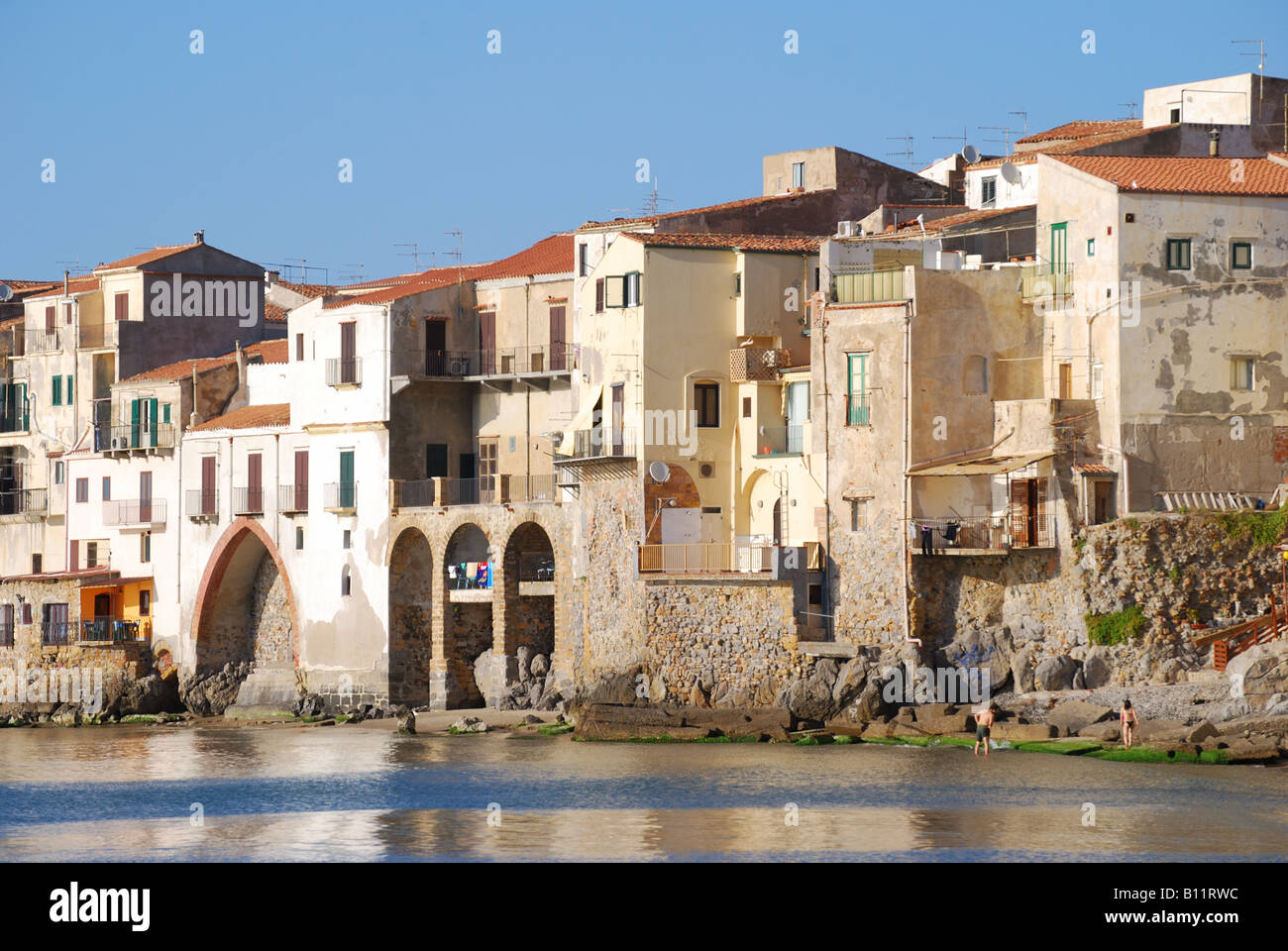 Beach and waterfront, Cefalu, Palermo Province, Sicily, Italy Stock Photo