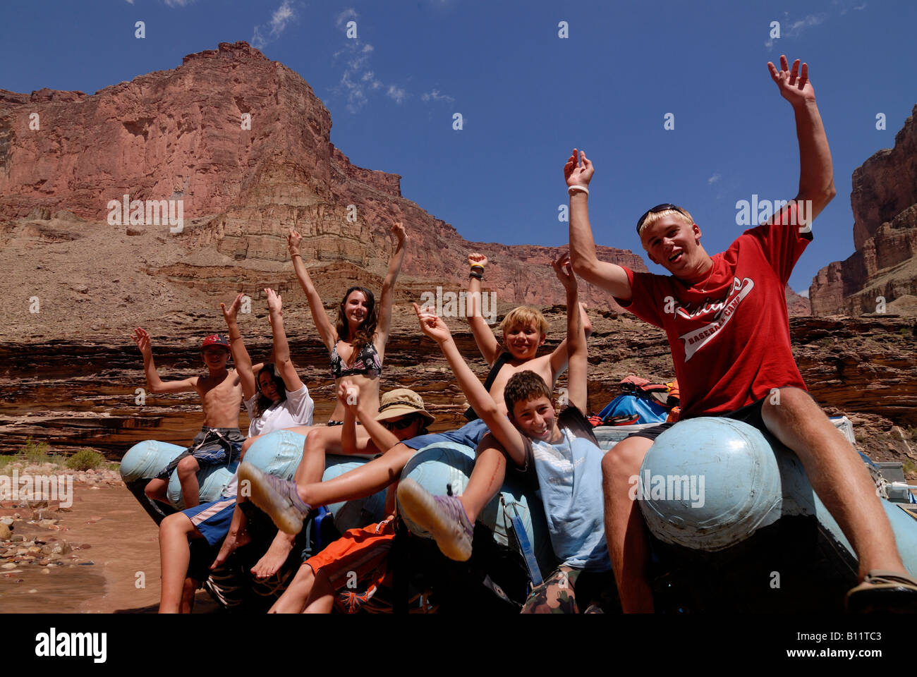 Kids Enjoying Their Trip On The Colorado River Sitting On A Raft Stock Photo Alamy