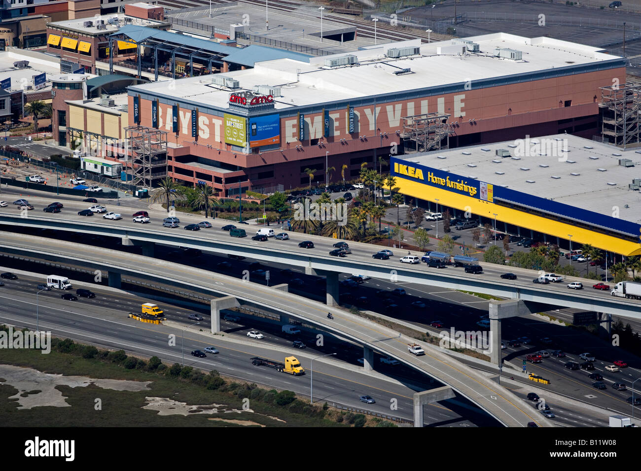 aerial above Emeryville Bay St retail district including Ikea and AMC theaters I 80 in foreground Stock Photo