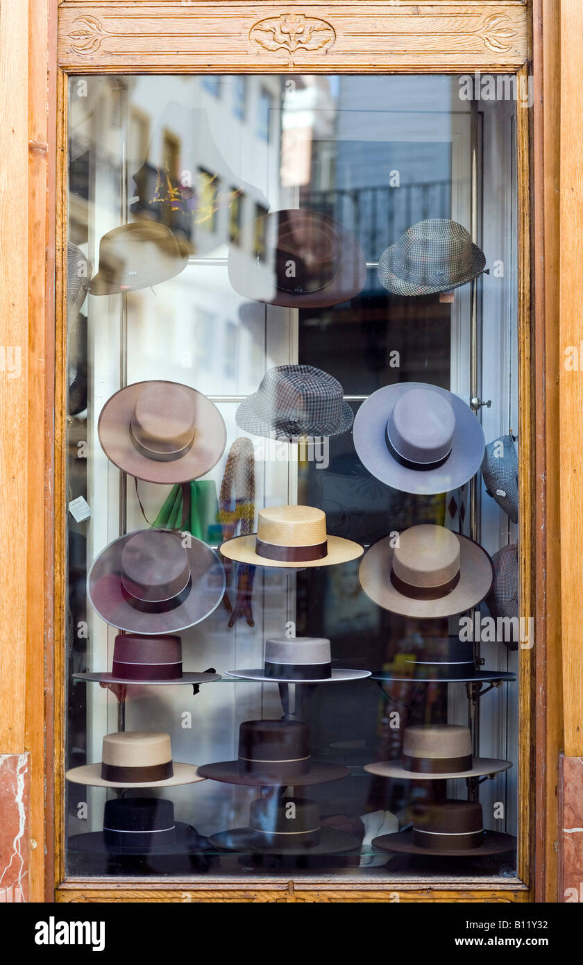 Window of a hat shop on Sierpes street, Seville, Spain Stock Photo