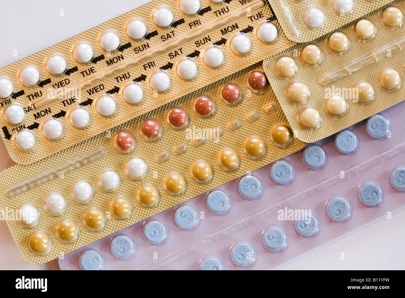 A selection of contraceptive pills for female contraception, UK Stock Photo