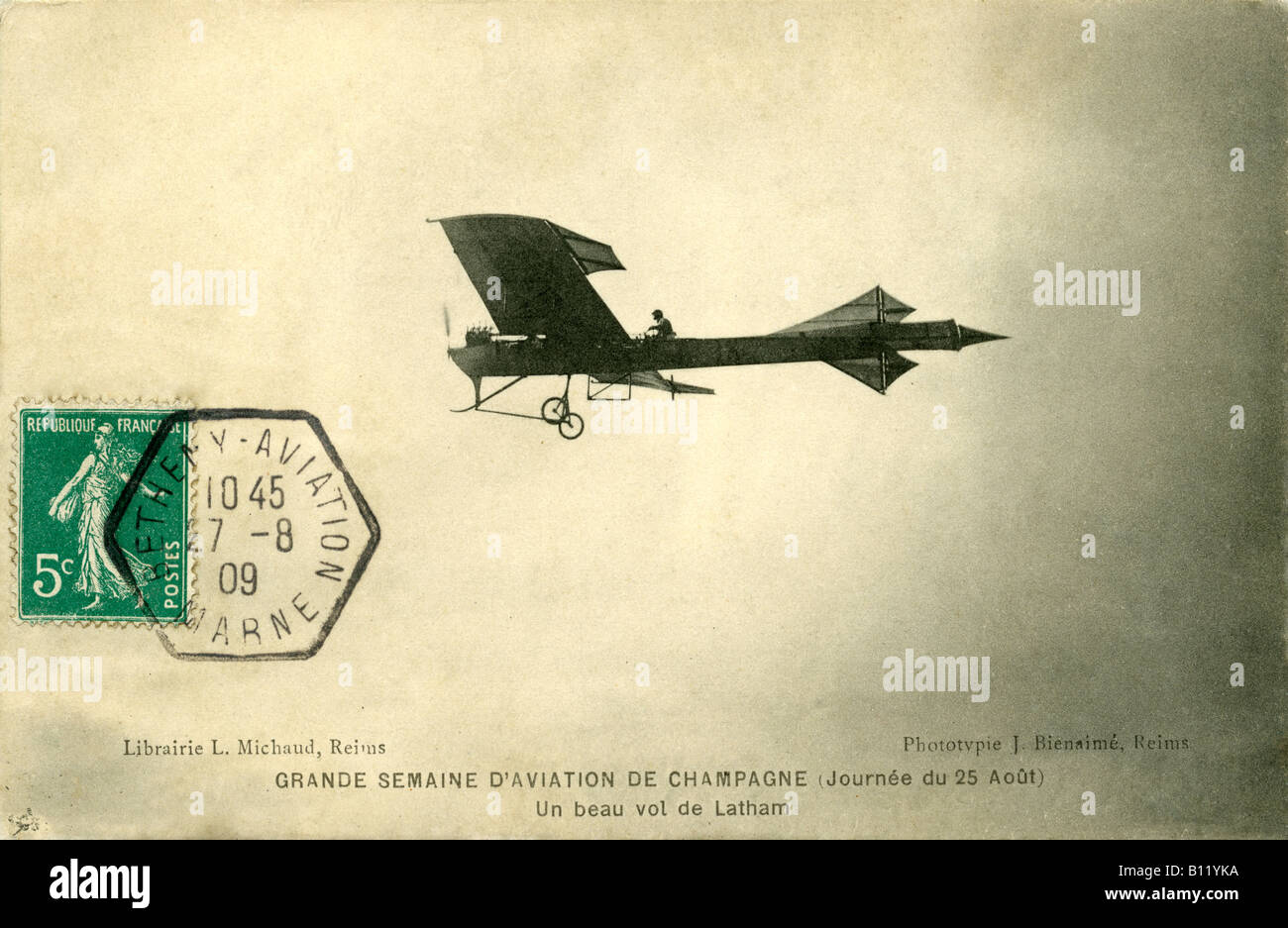 Postcard depicting Latham monoplane - issued at 'Grande Semaine d'Aviation de Champagne, France, August 1909. Stock Photo