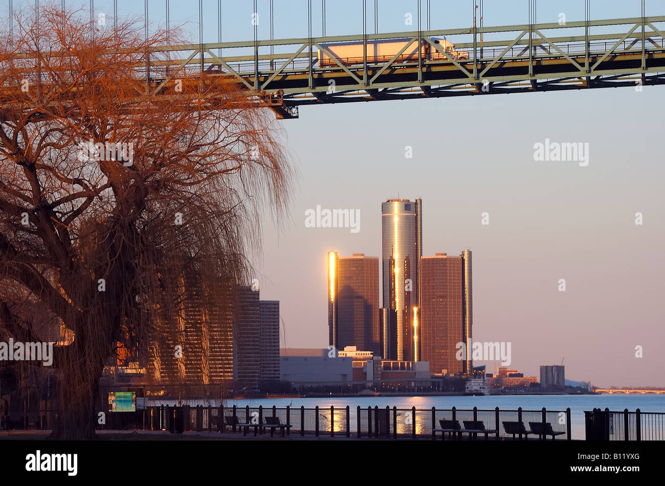 Dawn on Detroit River Bridge Stock Photo