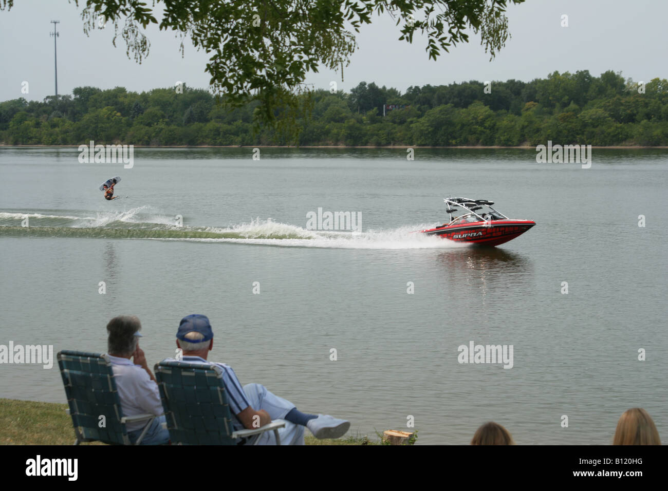 Wakeboard competition at Eastwood Lake Dayton Ohio Supra brand boat Stock Photo
