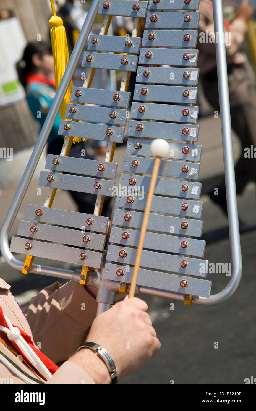 Xylophone, a musical instrument in the percussion family. It consists of  wooden bars struck by mallets here being played by an Indonesian bandsman  Stock Photo - Alamy