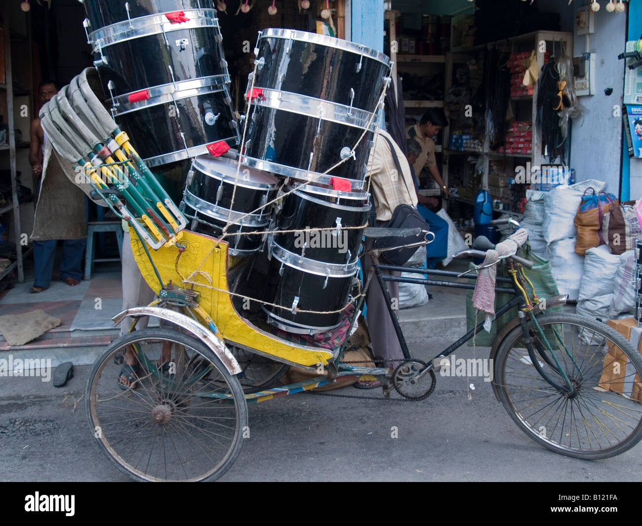 drums on a rickshaw in Calcutta India Stock Photo