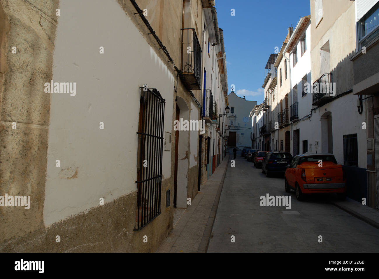 narrow village street, Benissiva, Vall de Gallinera, Marina Alta, Alicante Province, Comunidad Valenciana, Spain Stock Photo