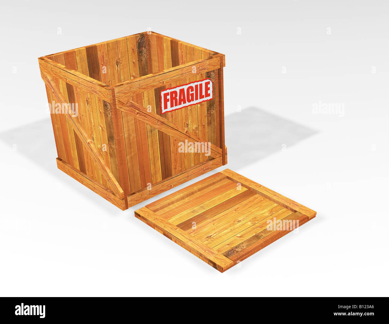 Open wooden crate with fragile sticker Stock Photo