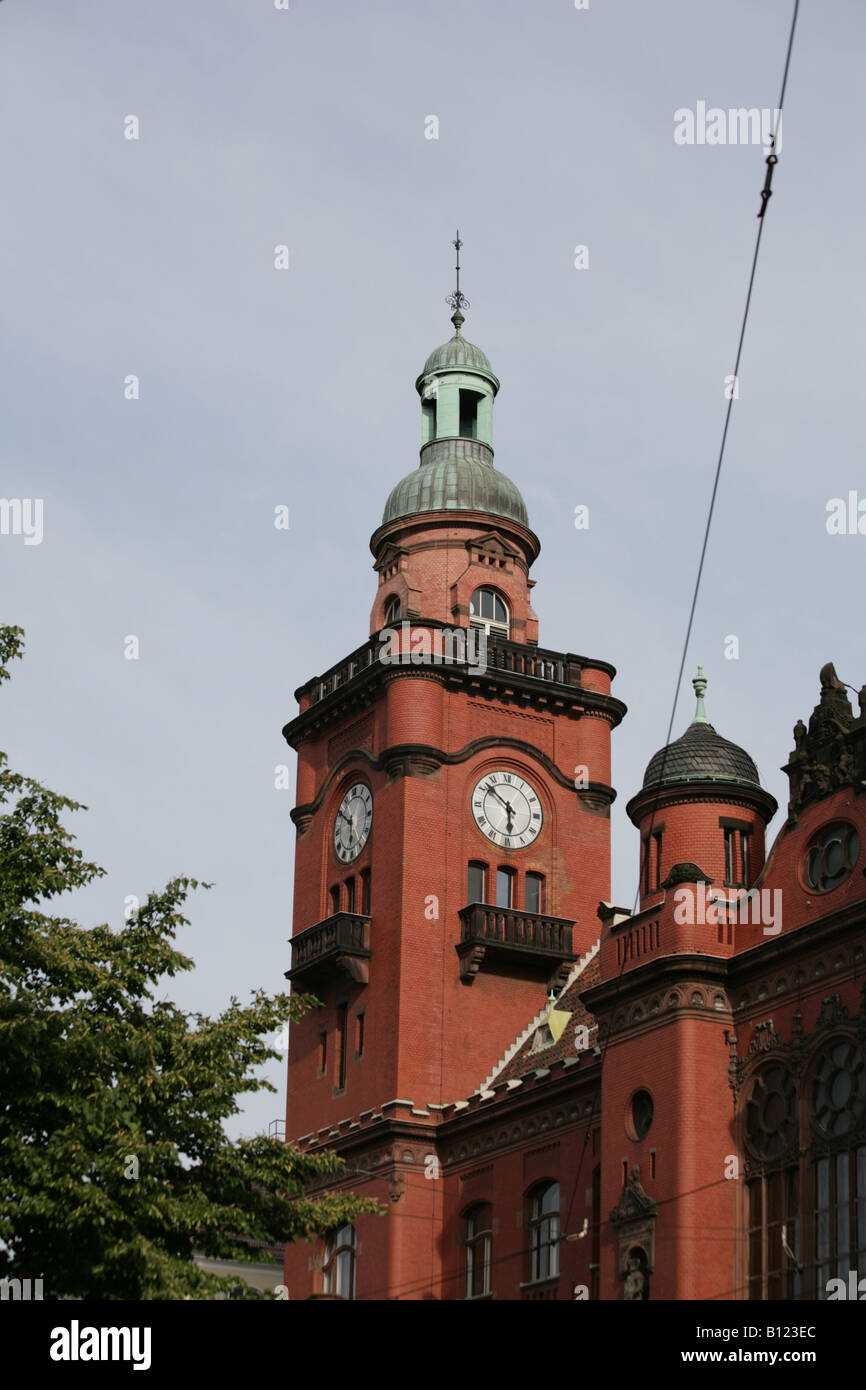 Clock Tower Pankow Rathaus, the red brick townhall in the suburb of Pankow, in the eastern suburbs of Berlin, Stock Photo