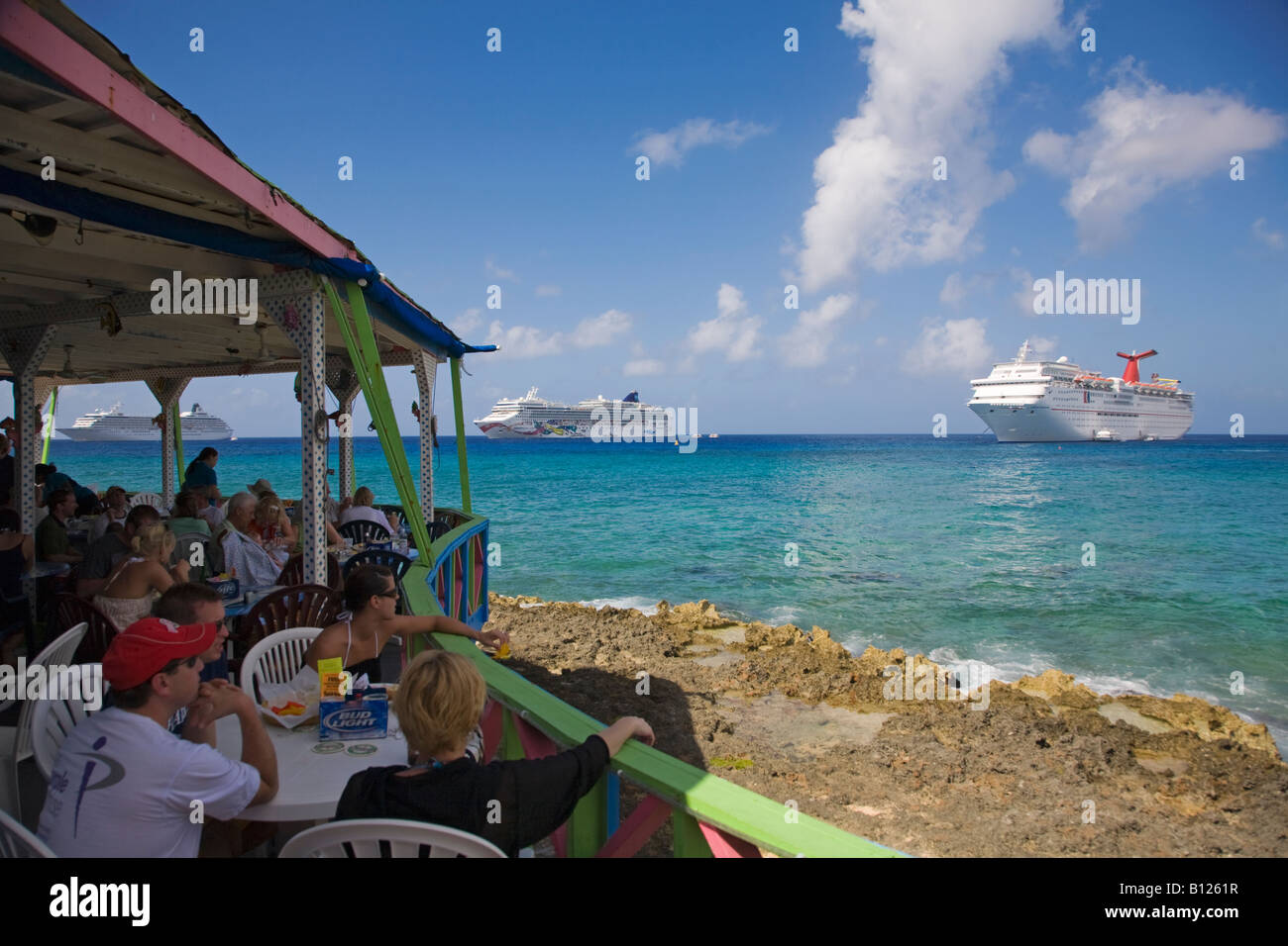 Outdoor restaurant on Georgetown waterfront on Grand Cayman in the