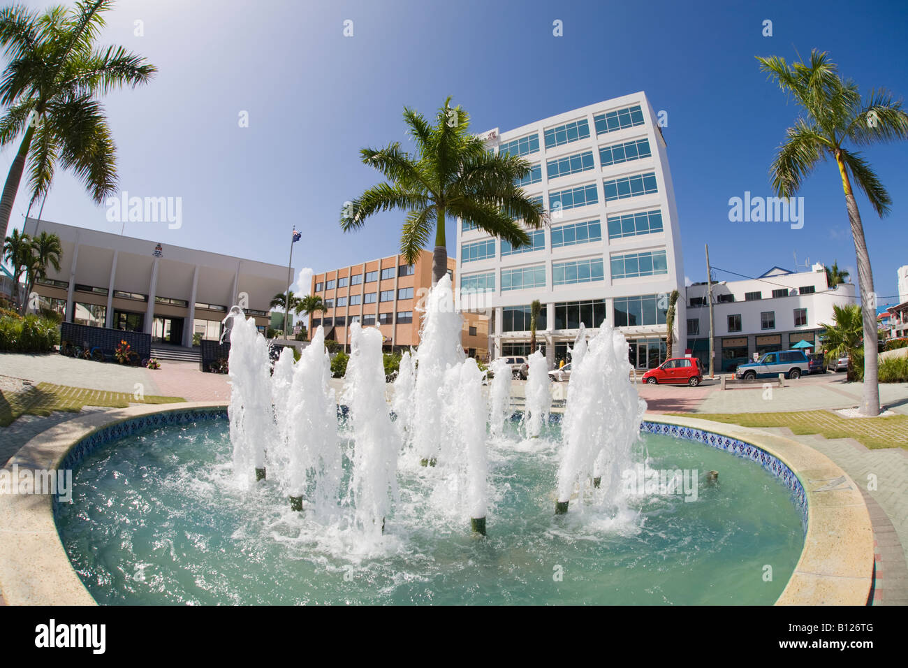 Fountain in Downtown financial banking district of Georgetown Grand Cayman Cayman Islands in the Caribbeann Stock Photo