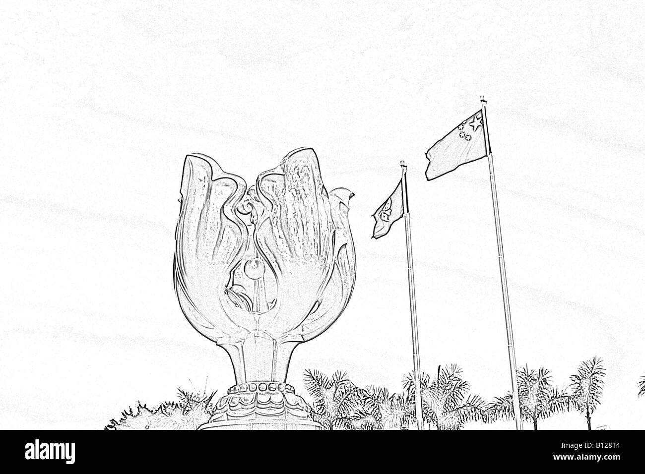 Digital Sketch of Forever Blooming Golden Bauhinia Sculpture with Chinese and Hong Kong Flag Stock Photo