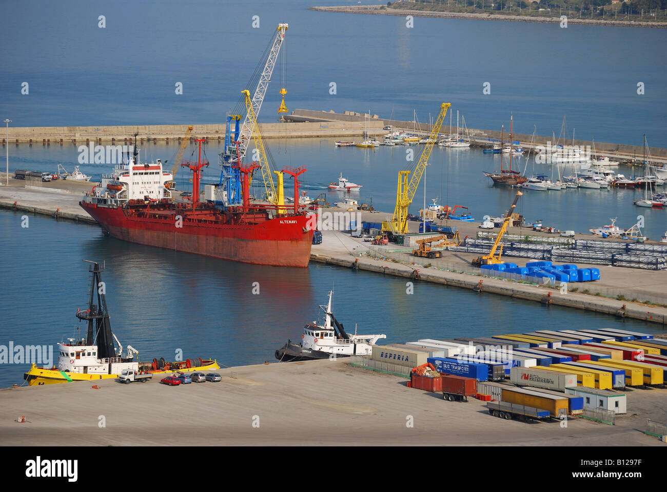 Ship unloading in port, Termini Imerese, Palermo Province, Sicily, Italy Stock Photo