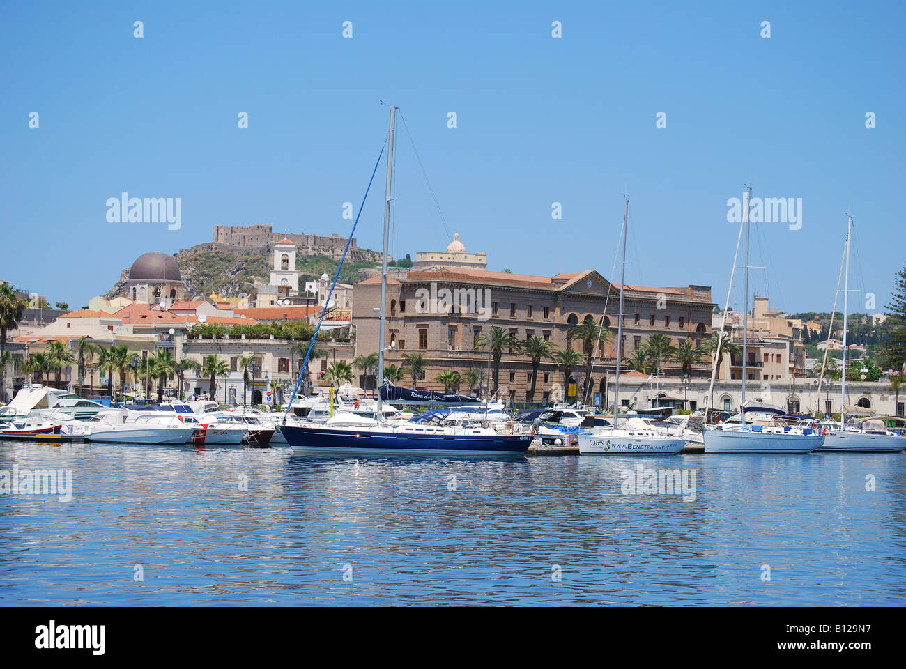 Harbour and Castle view, Milazzo, Capo di Milazzo, Messina Province, Sicily, Italy Stock Photo