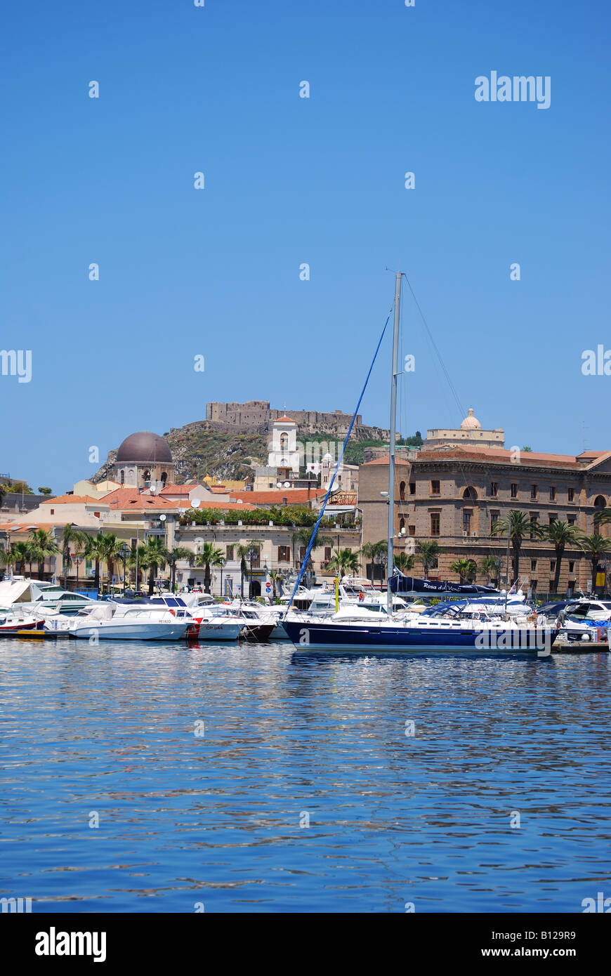 Harbour and castle view, Milazzo, Capo di Milazzo, Messina Province, Sicily, Italy Stock Photo