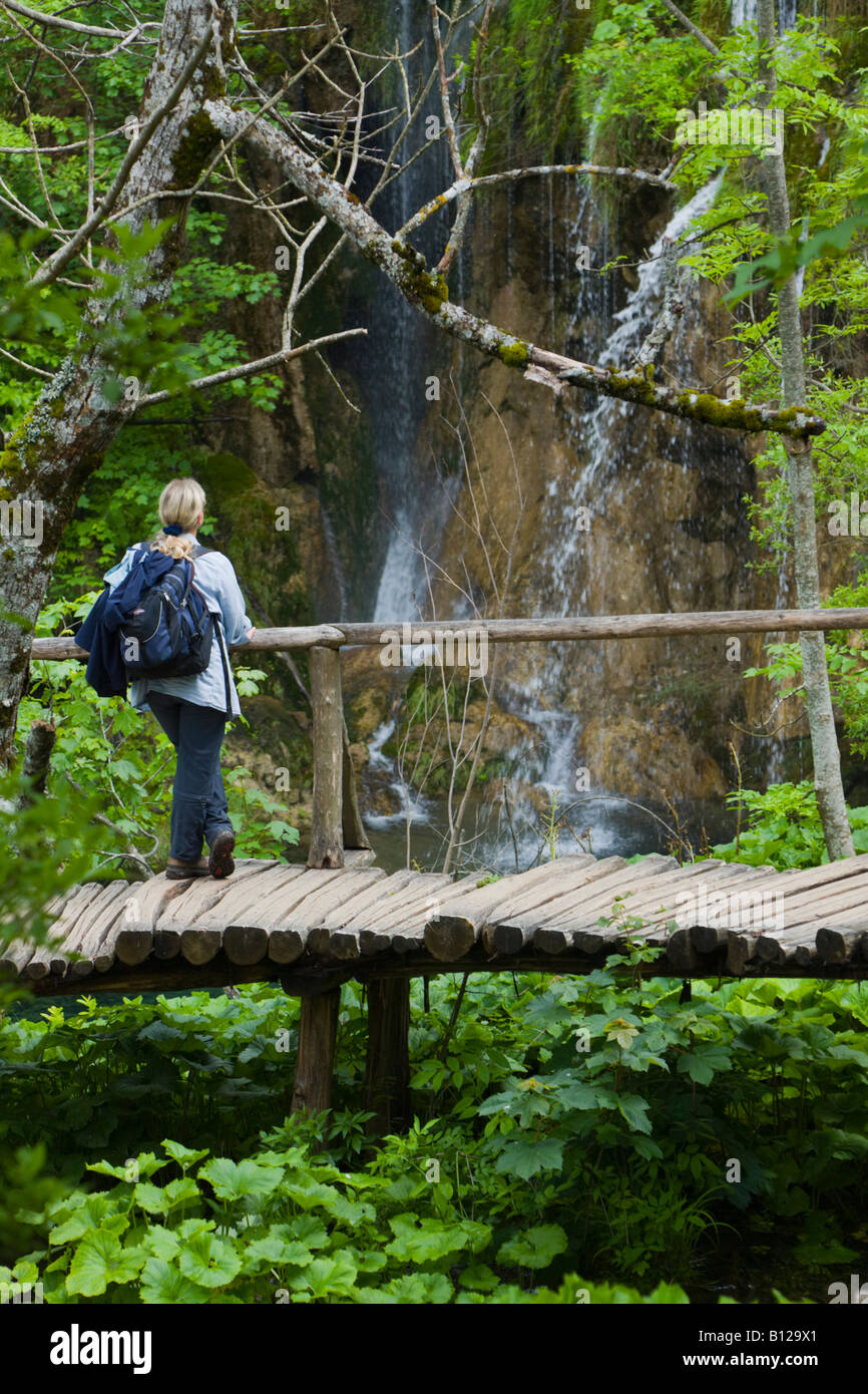 Sightseeing place before waterfall, Plitvice national park in Croatia, Upper lakes area promenade Mediterranean photo Stock Photo