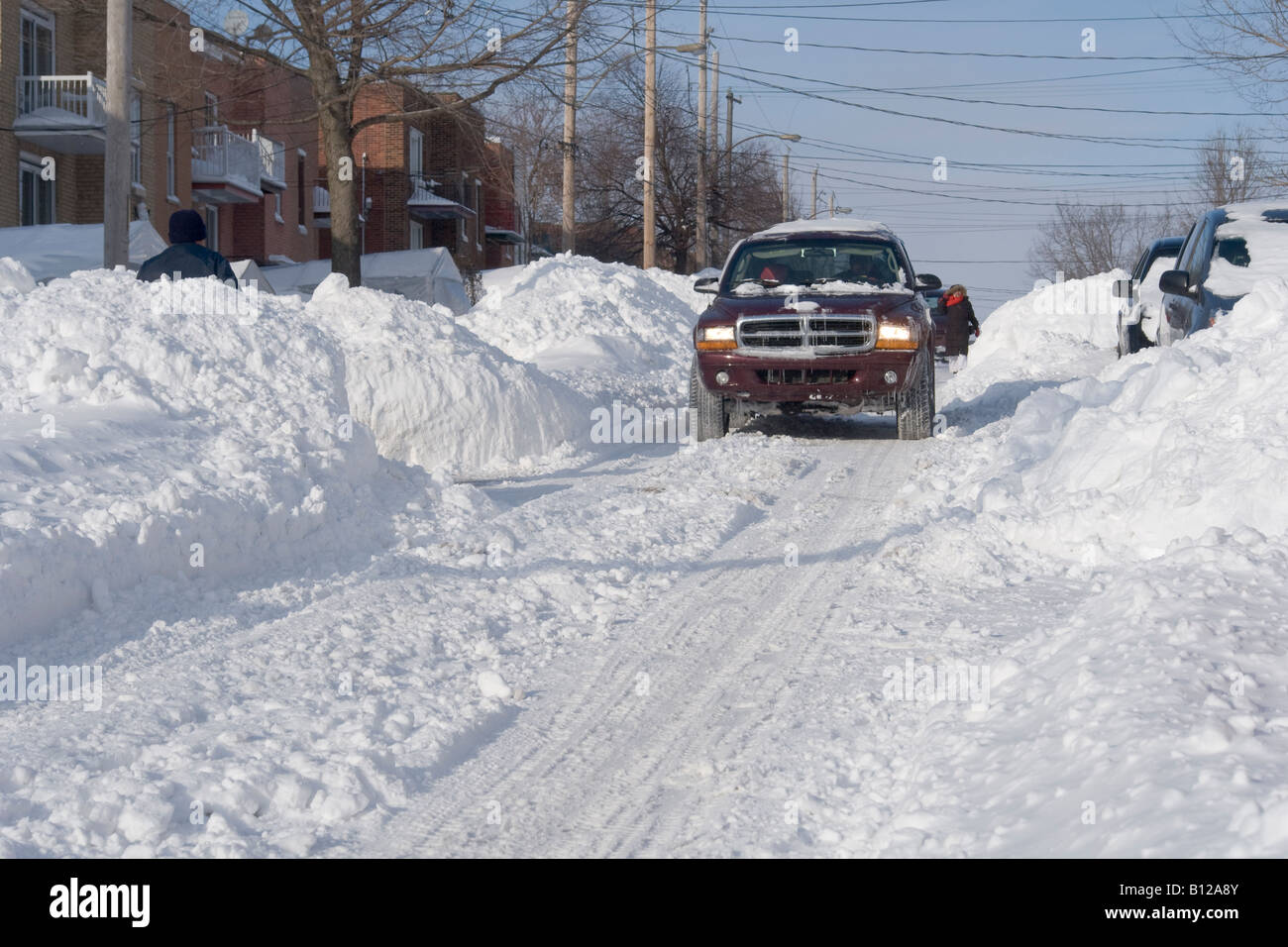 A scene along snow bound Montreal suburban street after a heavy snow ...