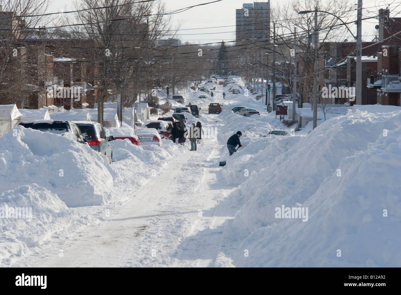 A scene along snow bound Montreal suburban street after a heavy snow ...