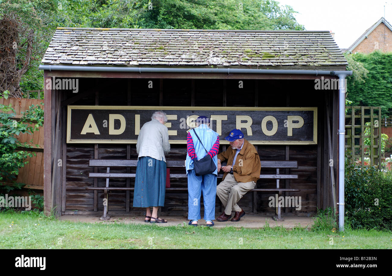 Adlestrop sign in bus shelter, Gloucestershire, England, UK Stock Photo