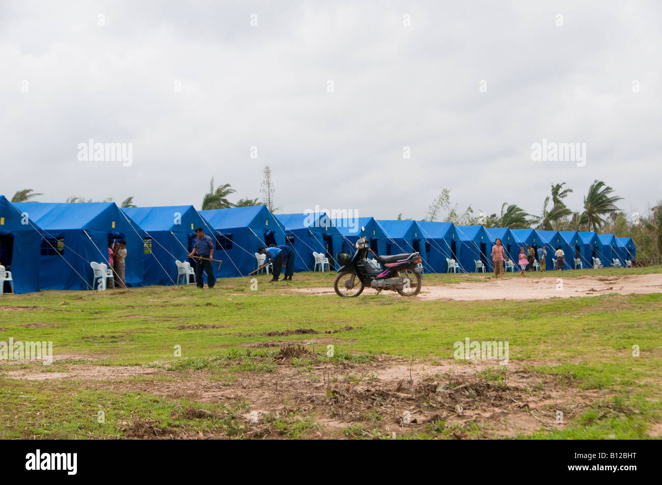 A relief encampment set up by the government for cyclone Nargis victims in Kyauktan township of Yangon Myanmar Burma Stock Photo