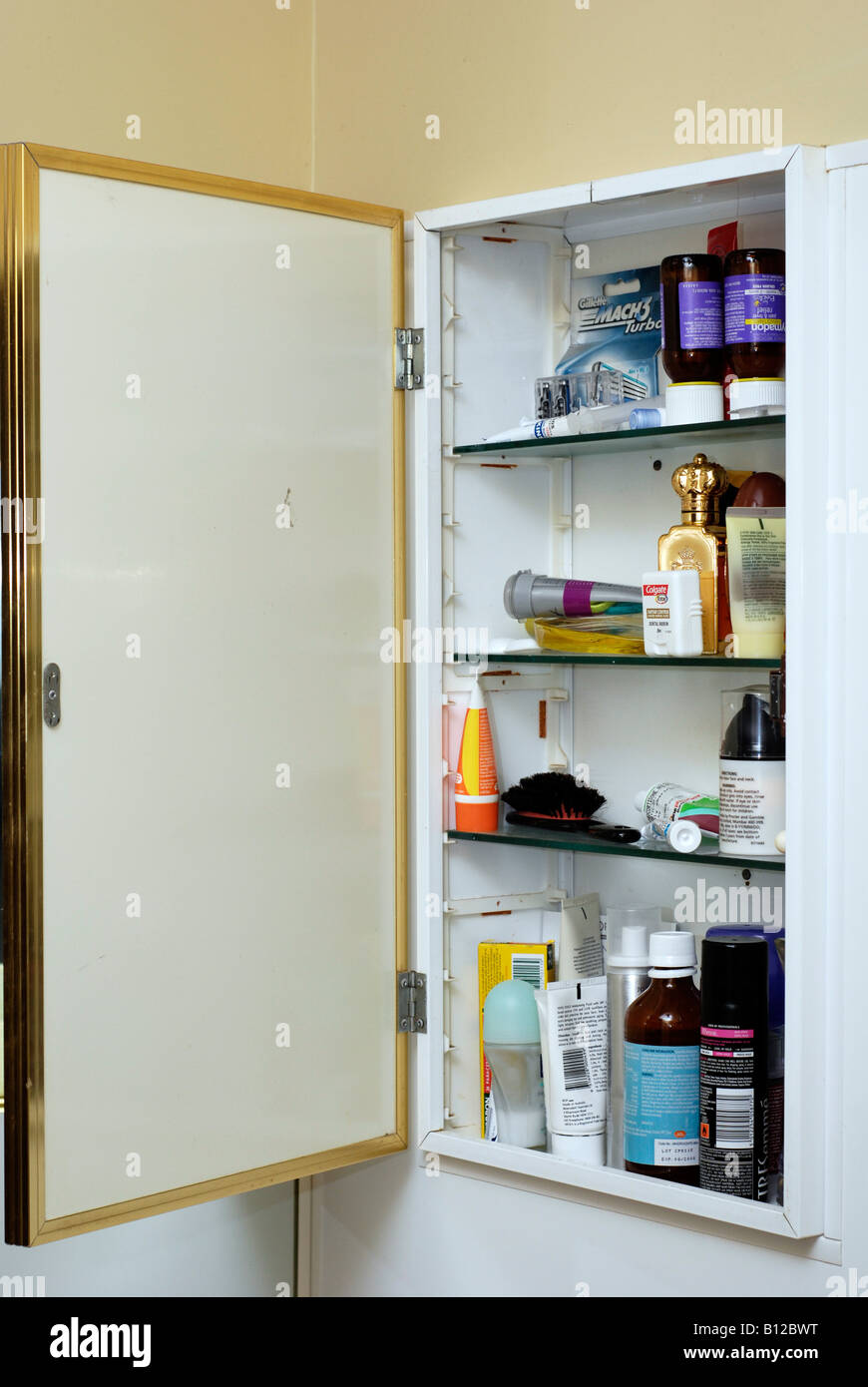 Typical bathroom with medication and cosmetics Stock Photo Alamy