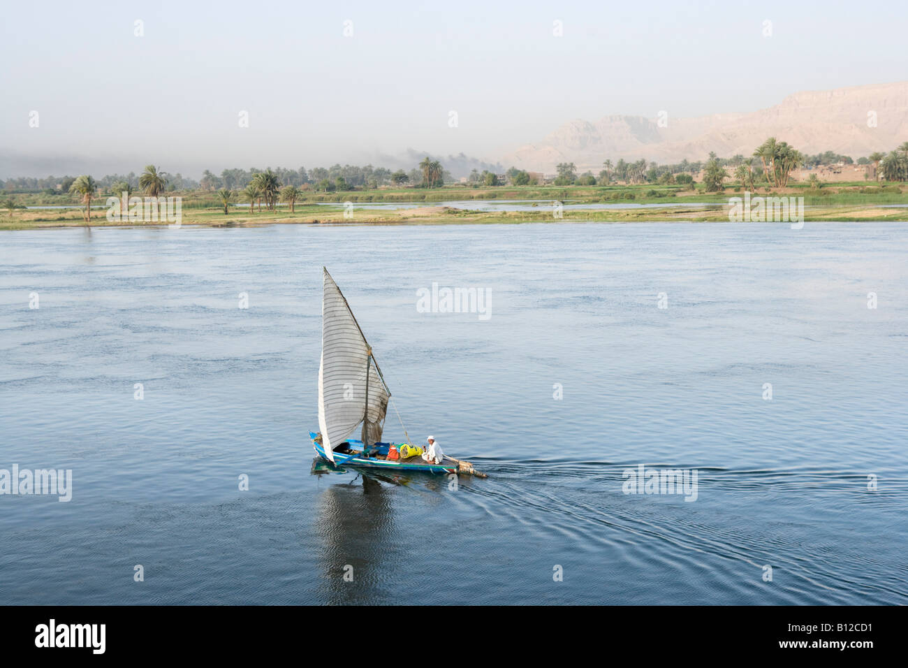 Traditional Felucca on the River Nile near Quena downstream from Luxor, Nile Valley, Egypt Stock Photo