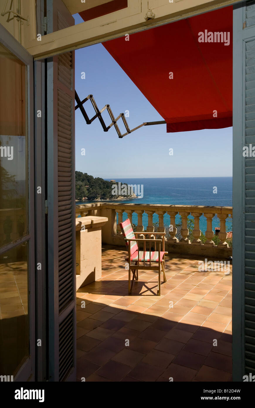 View of directors chair on terrave of Vila at Le Rayol near St Tropez South of France 2008 Stock Photo