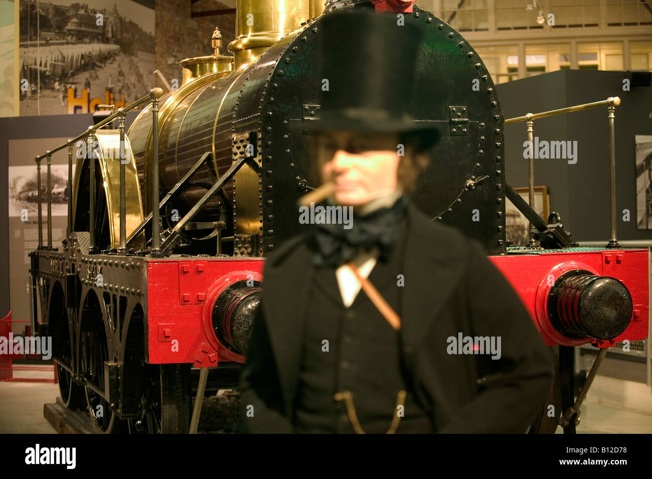 Model of I K Brunel in front of replica North Star Locomotive the first GWR loco Stock Photo