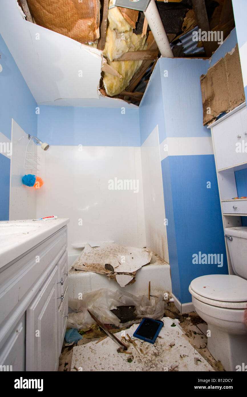 A bathroom destroyed by a tornado in Aurora, Nebraska, USA. Stock Photo