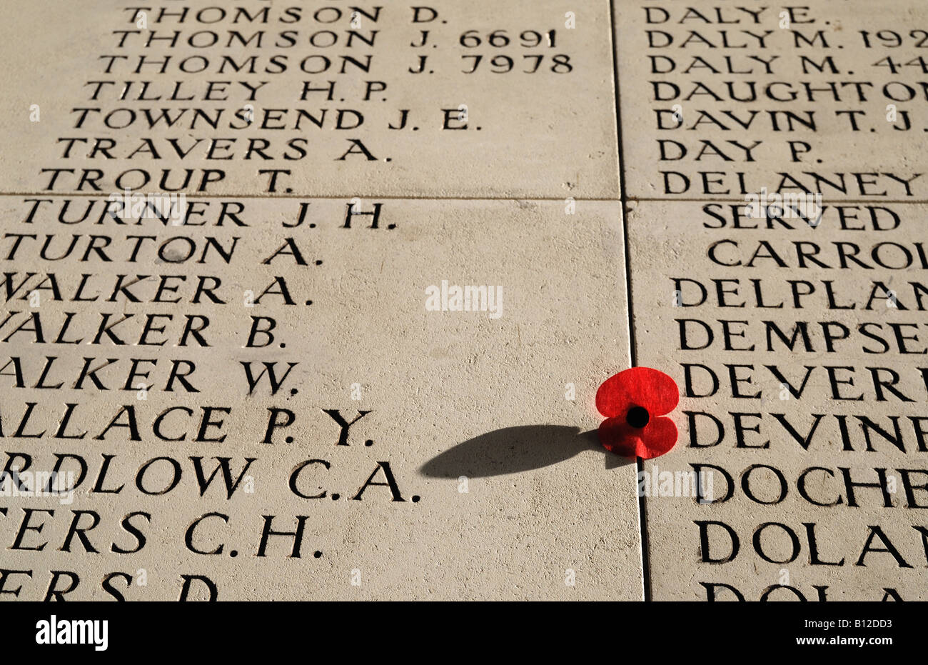 Names of missing World War One soldiers inscribed on Menin Gate in Ypres Belgium Stock Photo