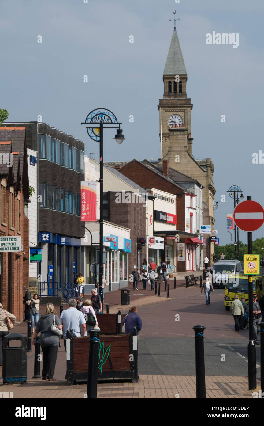 Market Street, looking towards the tower of the Town Hall, Chorley town centre Lancashire UK