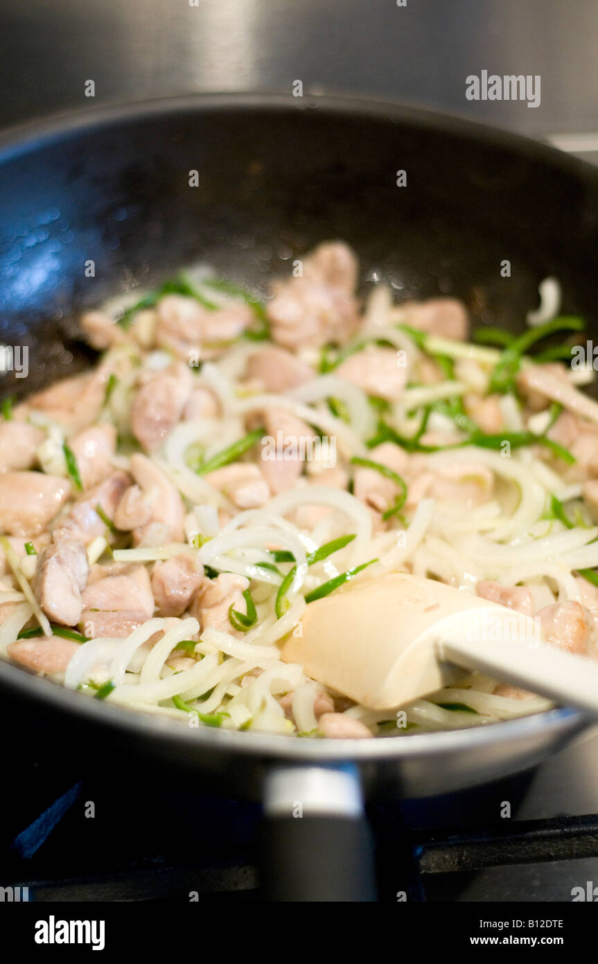 Chicken onions and green chilli geing stir fried in a Wok Stock Photo