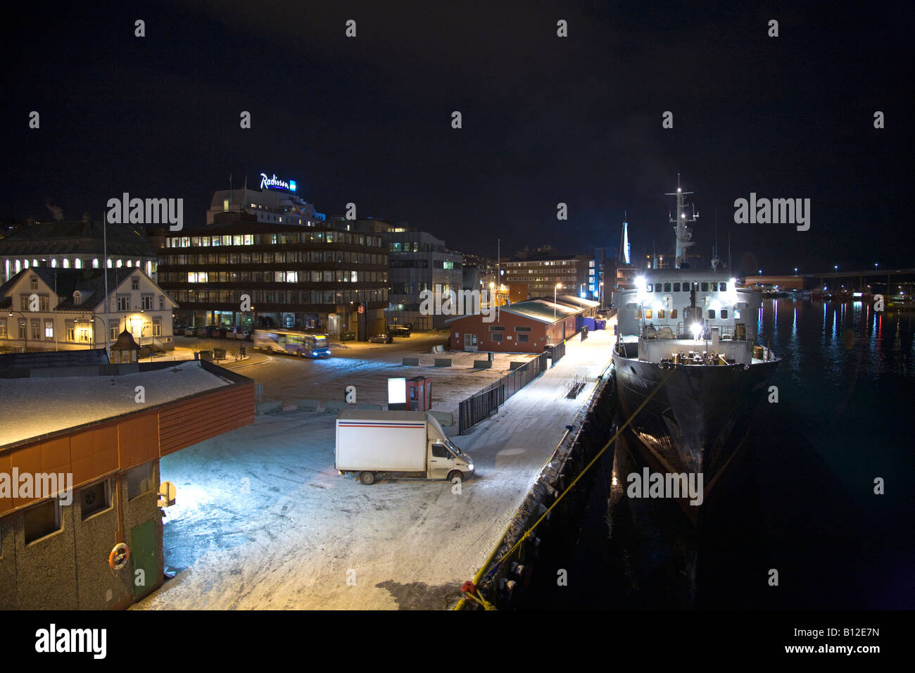 Tromso Tromsø Norway view from Hurtigruten coastal express at night Stock Photo