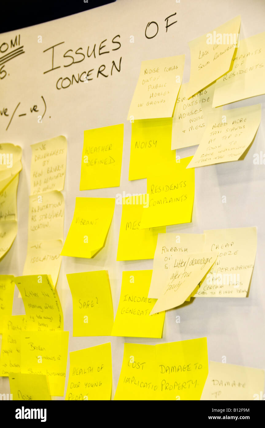yellow post it notes on a board showing the issues of concern at a conference in Aberystwyth discussing anti social behaviour UK Stock Photo