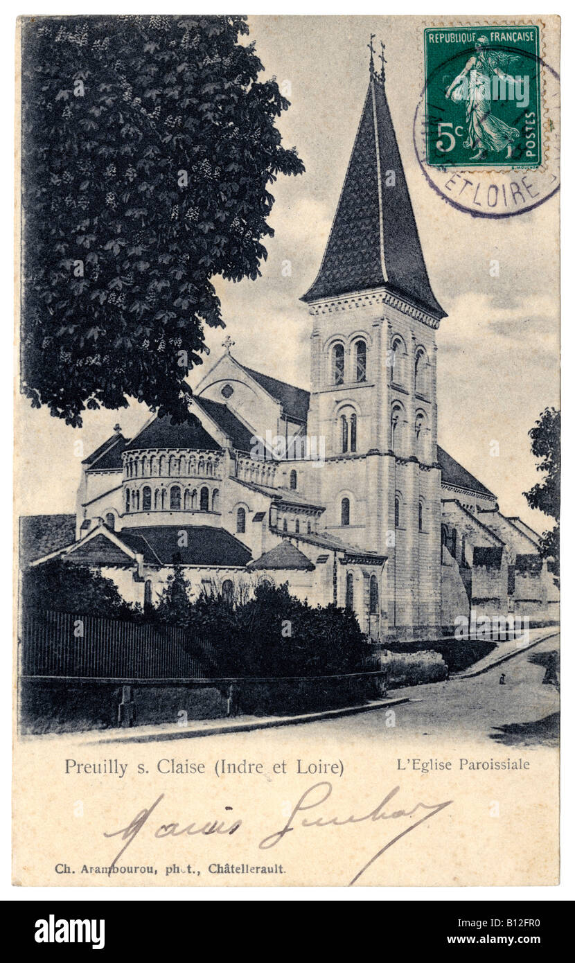 Postcard depicting view of the Abbey Church, Preuilly-sur-Claise, Indre-et-Loire, France, 1908. Stock Photo