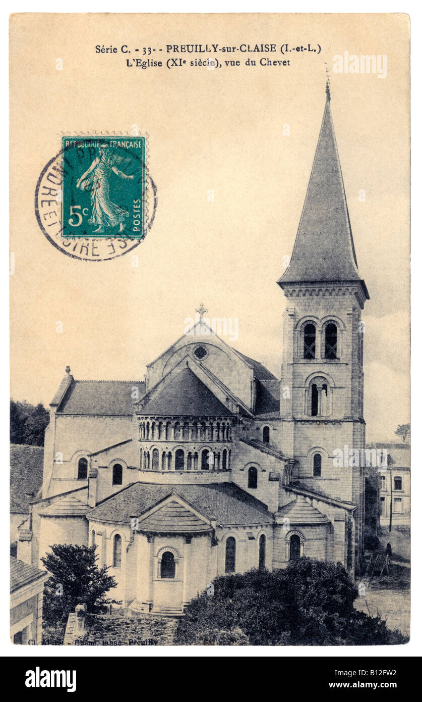 Postcard depicting view of the Abbey Church, Preuilly-sur-Claise, Indre-et-Loire, France, 1908. Stock Photo