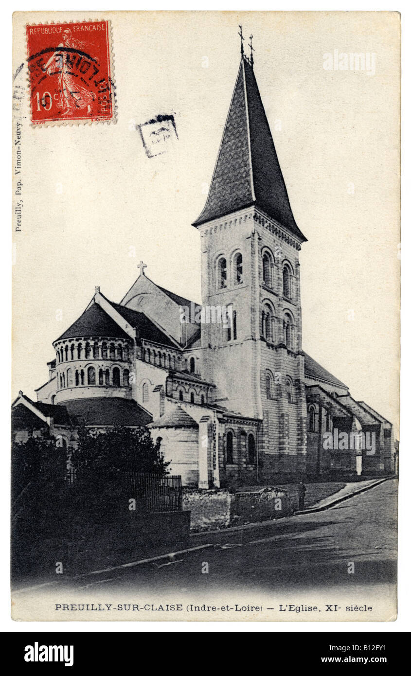 Postcard depicting view of the Abbey Church, Preuilly-sur-Claise, Indre-et-Loire, France, 1908. Stock Photo