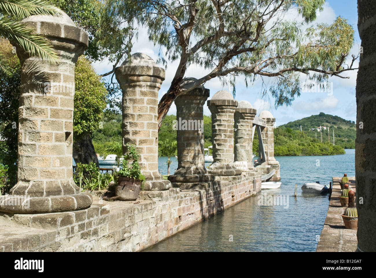 Boat House Pillars, Nelson's Dockyard, English Harbour, Antigua Stock