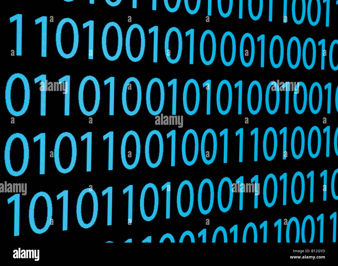 Blue binary code photographed on a computer screen Stock Photo
