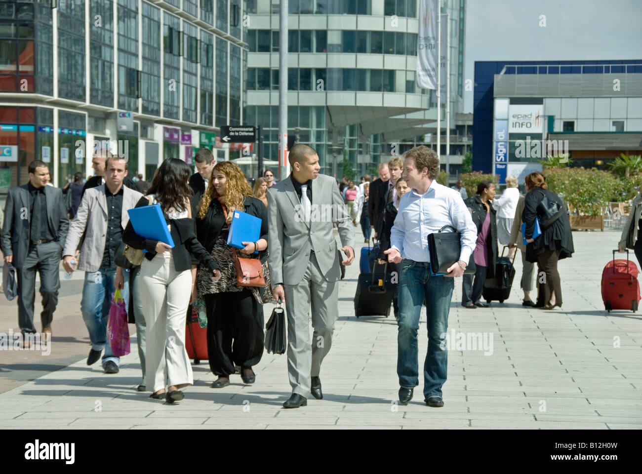 la defense paris France, Commercial Architecture, Modern Office Buildings in 'La Defense Business Center' Medium Crowd  Businesspeople Walking to Work Stock Photo