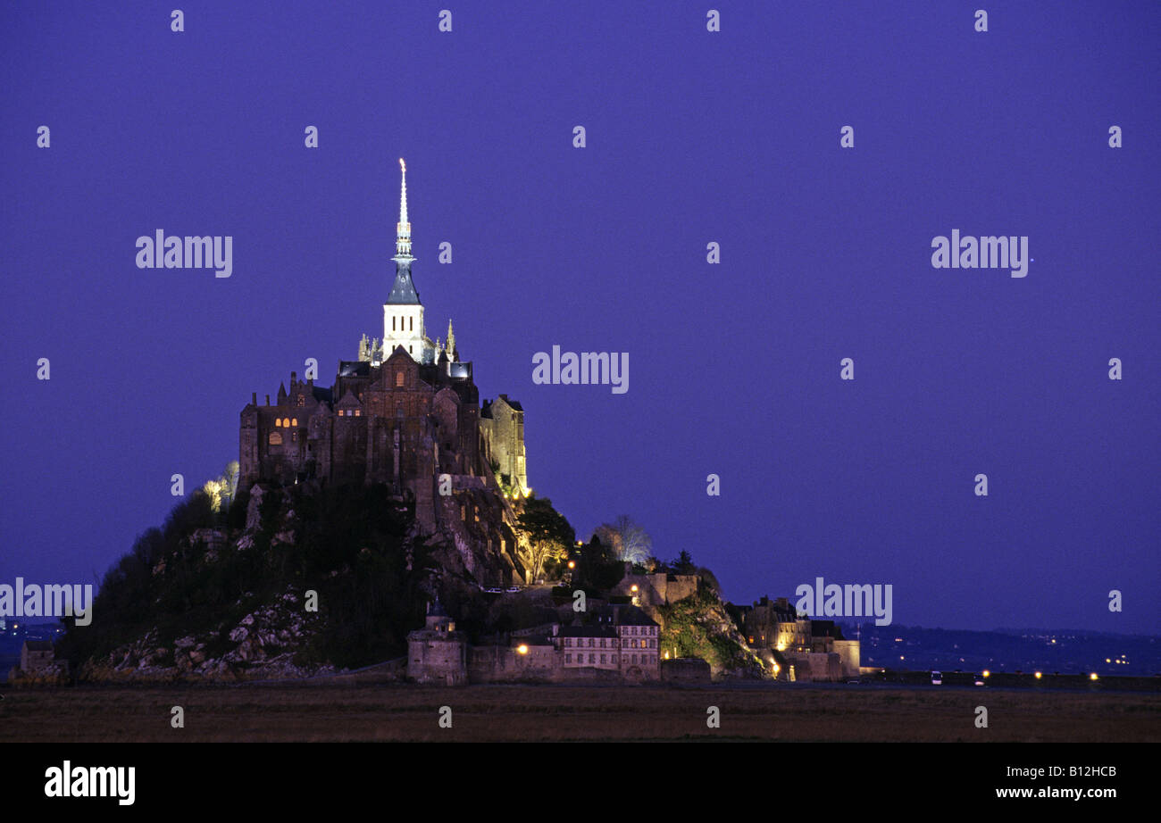 France Normandy Mont Saint Michel at night twilight view from west side Stock Photo