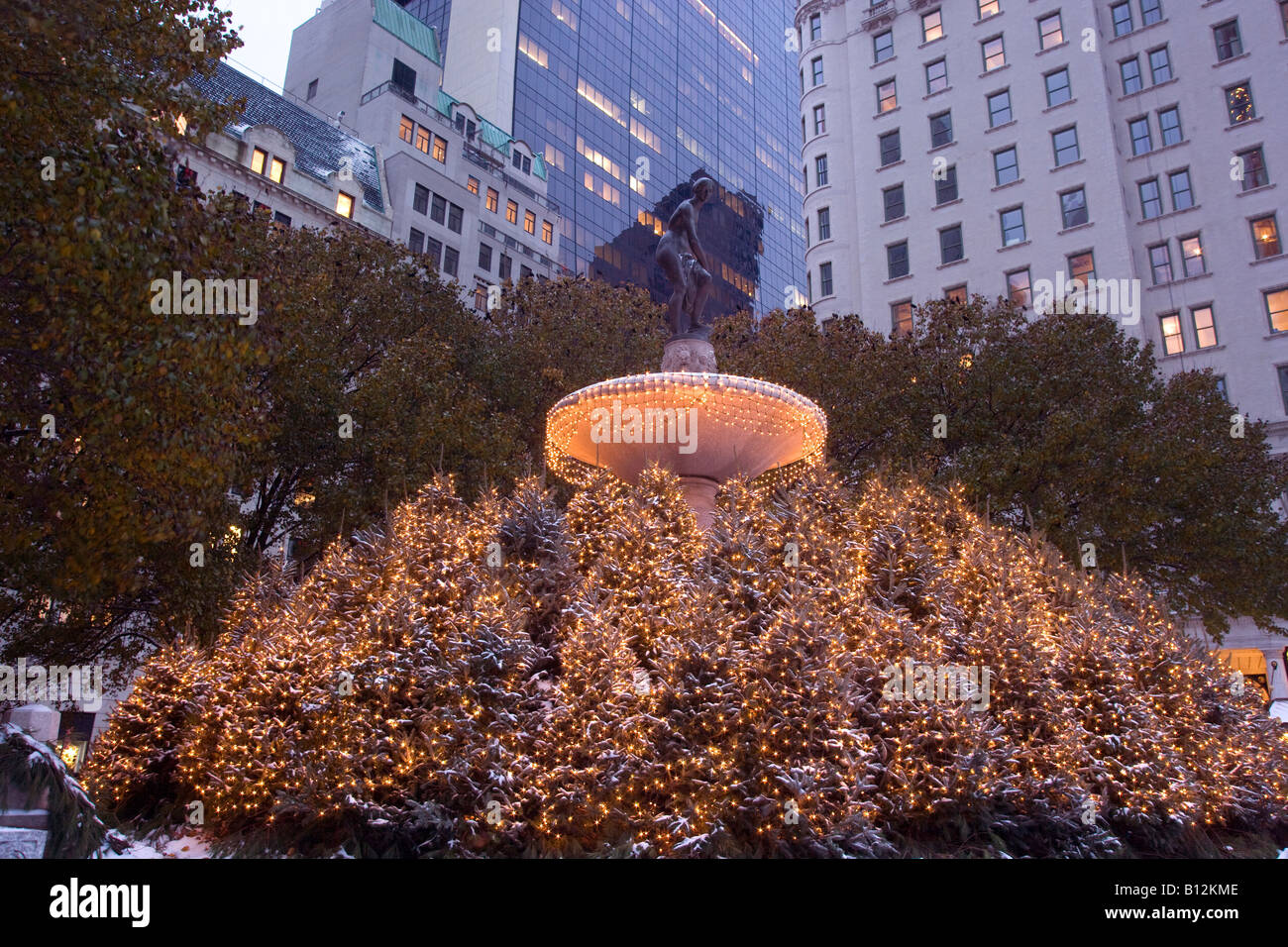 CHRISTMAS TREES PULITZER FOUNTAIN PLAZA HOTEL (©HENRY J HARDENBERGH 1907) MANHATTAN NEW YORK CITY USA Stock Photo