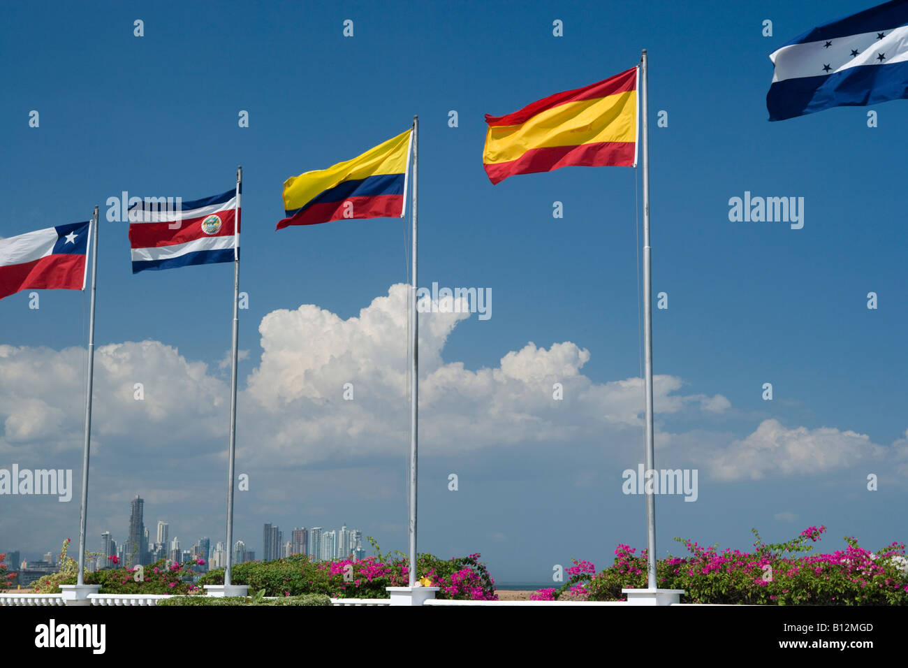 ROWS OF NATIONAL FLAGS AMADOR CAUSEWAY PANAMA CITY PANAMA Stock Photo