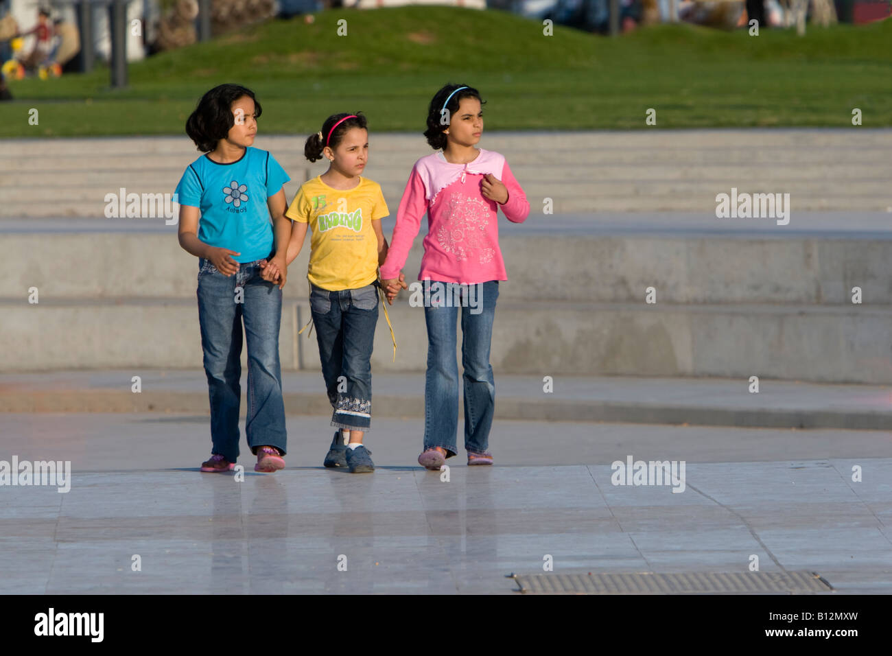 Tripoli, Libya, North Africa.  Young Libyan Girls' Clothing Styles in Public Park near the Green Square, downtown Tripoli. Stock Photo