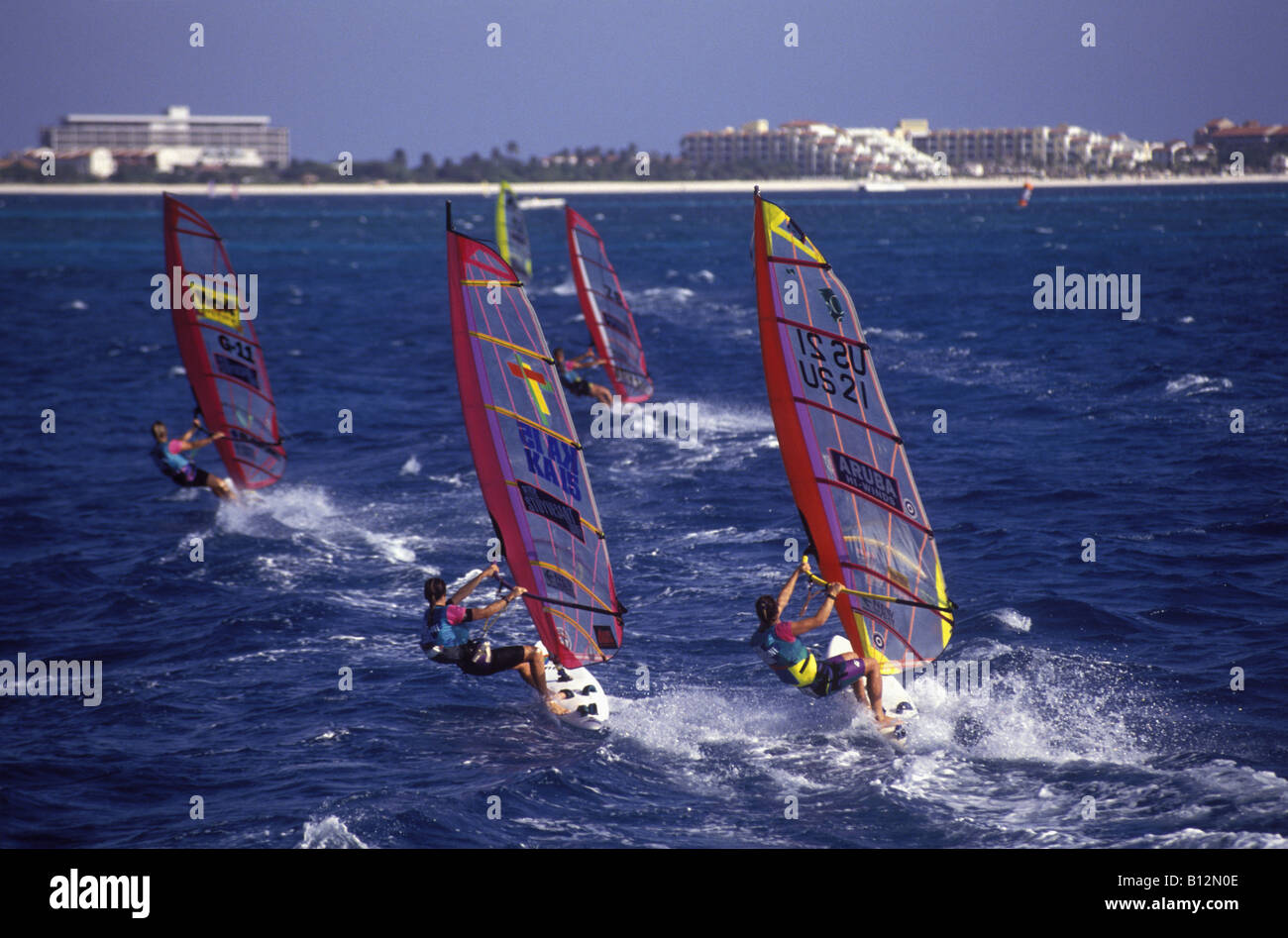 High competition at the High Winds Professional Windsurfing race in Aruba. Stock Photo