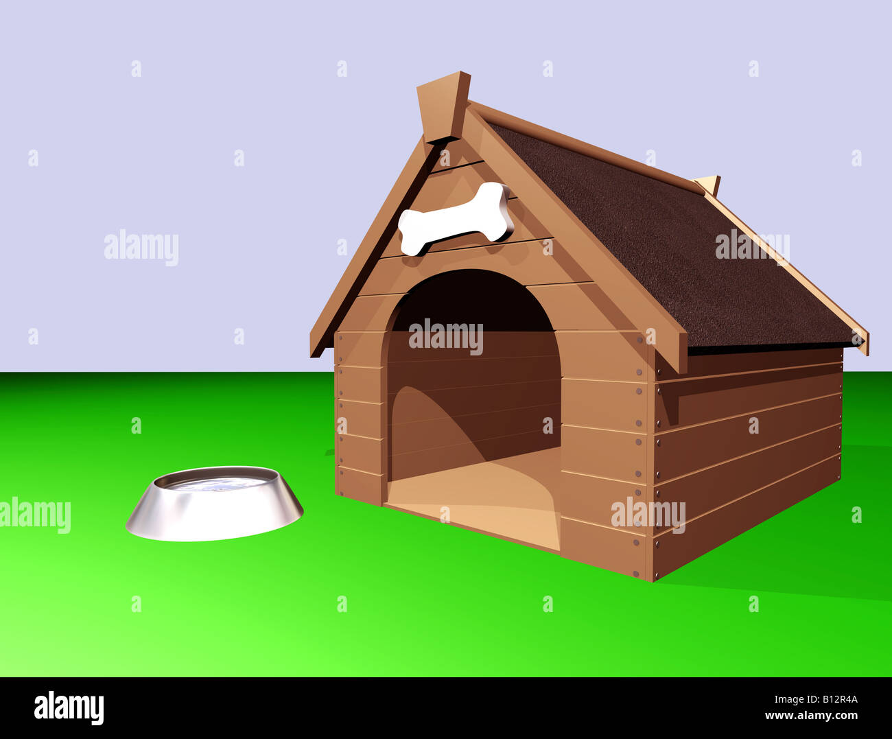 3D illustration of a large wooden doghouse or kennel with a bowl of water Stock Photo