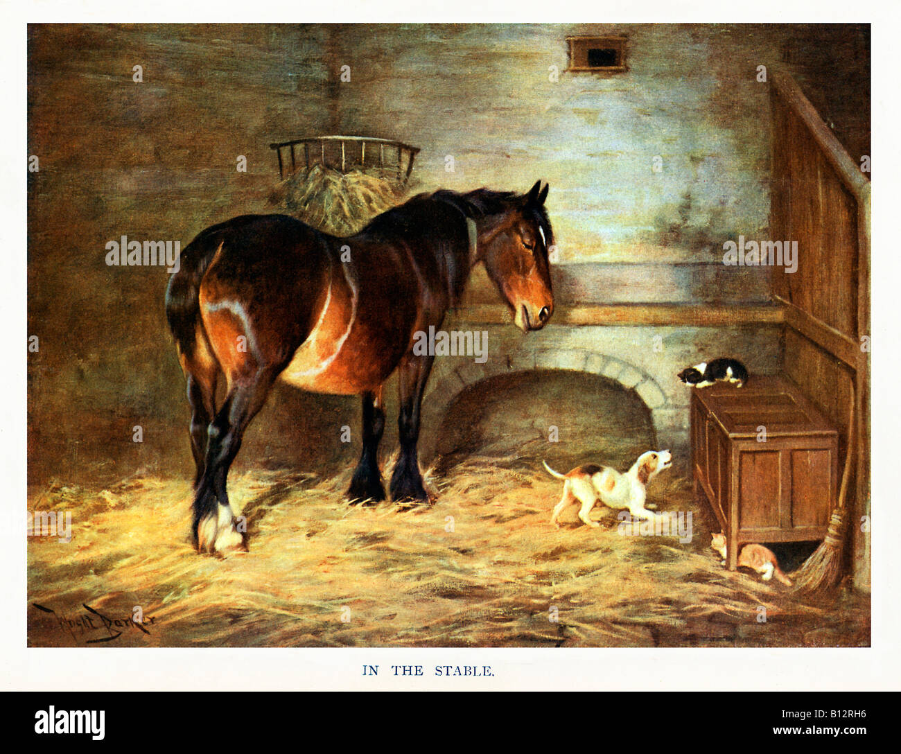 In The Stable 1920s painting of a rural scene of a dog cats and horse living happily together Stock Photo