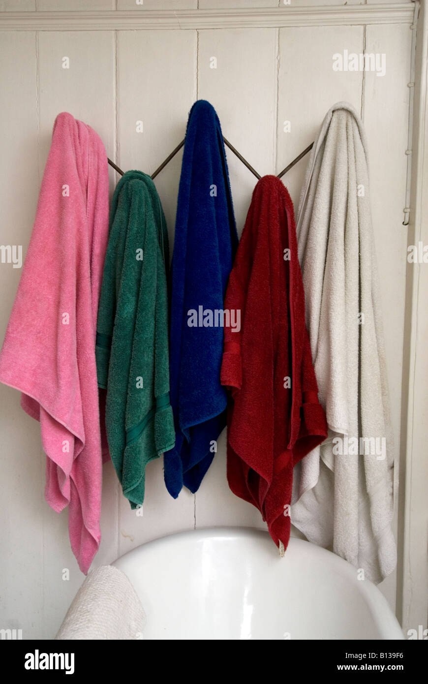 Family towels in bathroom Stock Photo